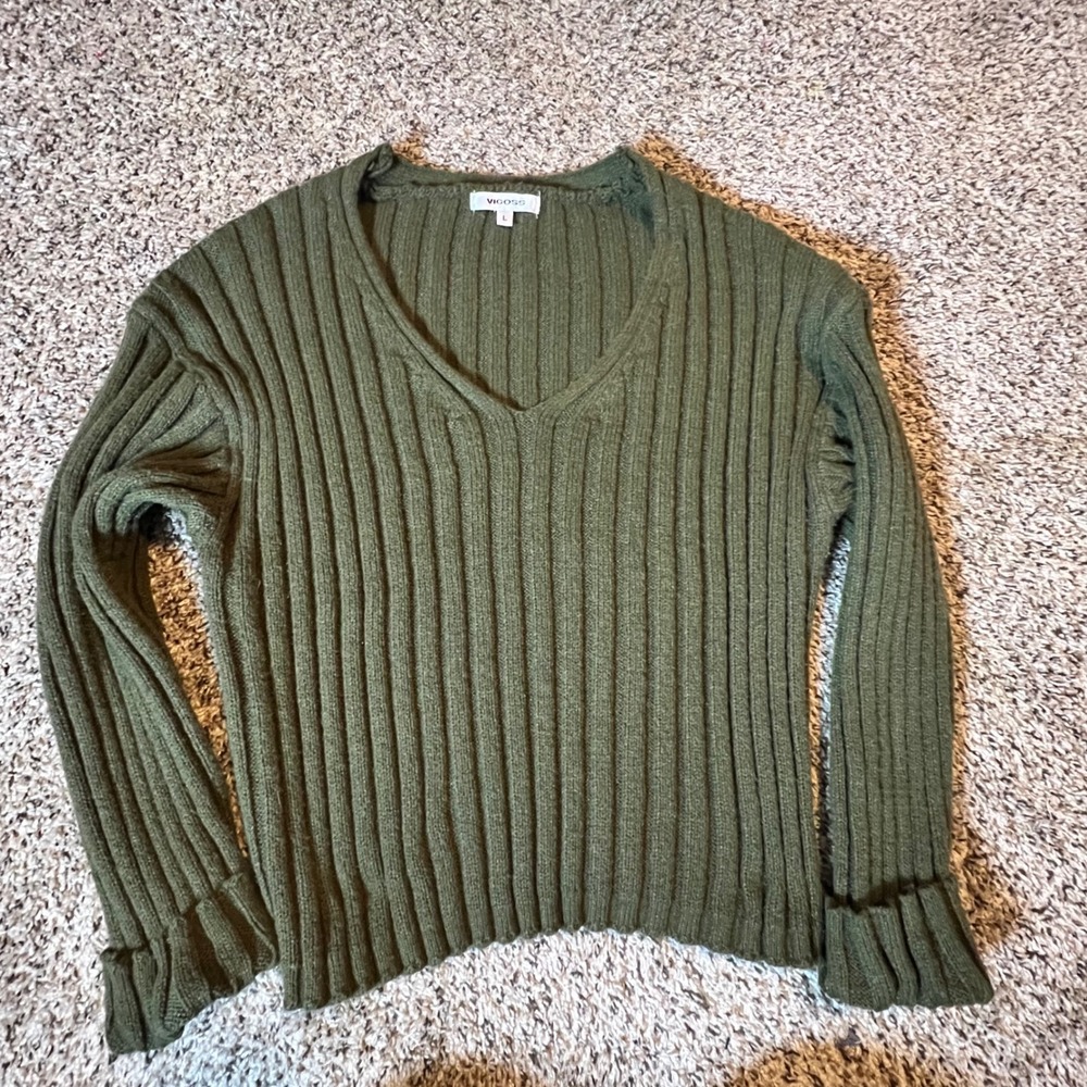 Vigoss Womens Olive Green Ribbed V-Neck Sweater VC-W02428A Size Large